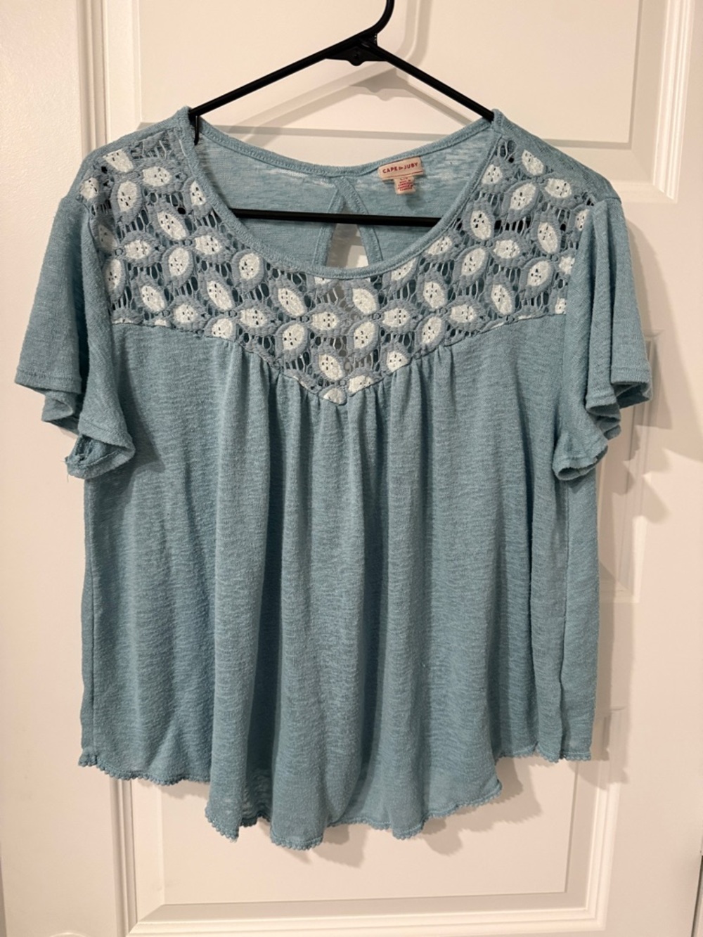 Cape Juby Light Blue Crochet Yoke Flutter Sleeve Top